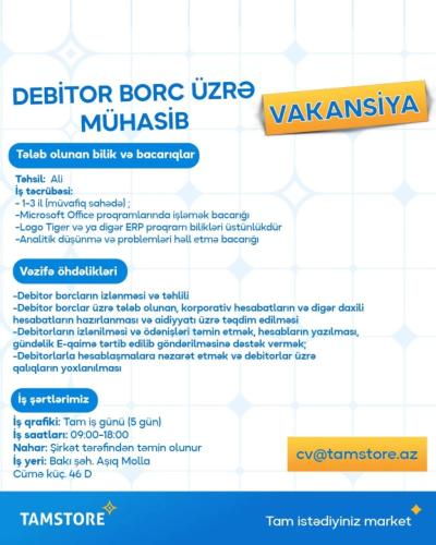 Debitor borc üzrə mühasib vakansiyası Xəbər şəkili